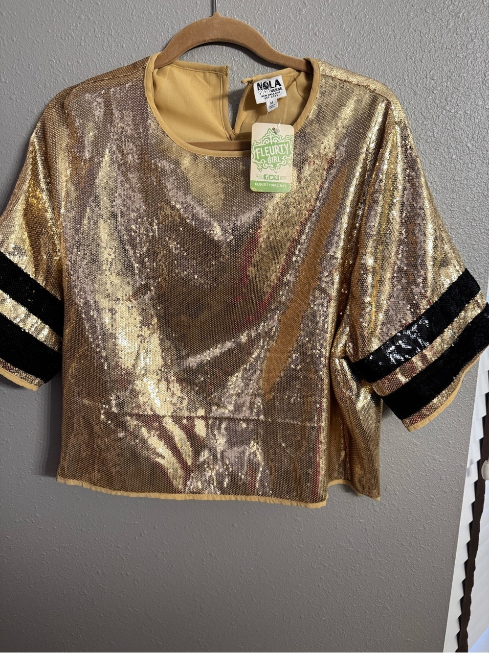 Nola Gold Sequin Crop Top with Black Sleeve Stripes